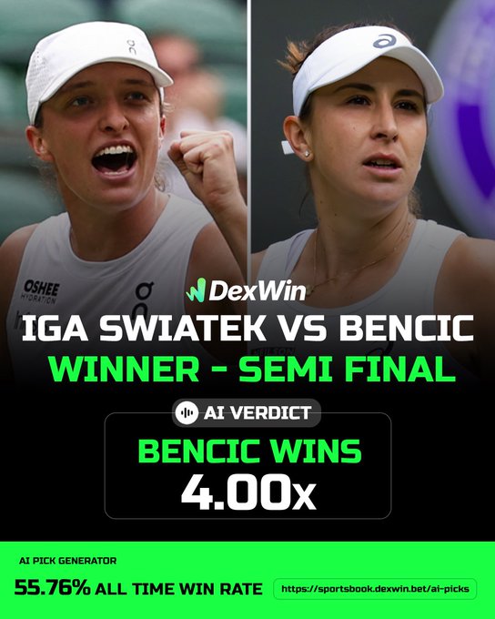 Wimbledon 🏴󠁧󠁢󠁥󠁮󠁧󠁿 Tennis Betting Predictions, Tennis Betting Lines & Wimbledon 2025 Tennis Betting Odds Today 🎾 

Iga Swiatek vs Belinda Bencic

Bencic to defeat Swiatek @ 4.00 ✅ 

Follow @DexWin_Sports for the best Tennis betting odds, Tennis betting picks and Tennis predictions today 🎾