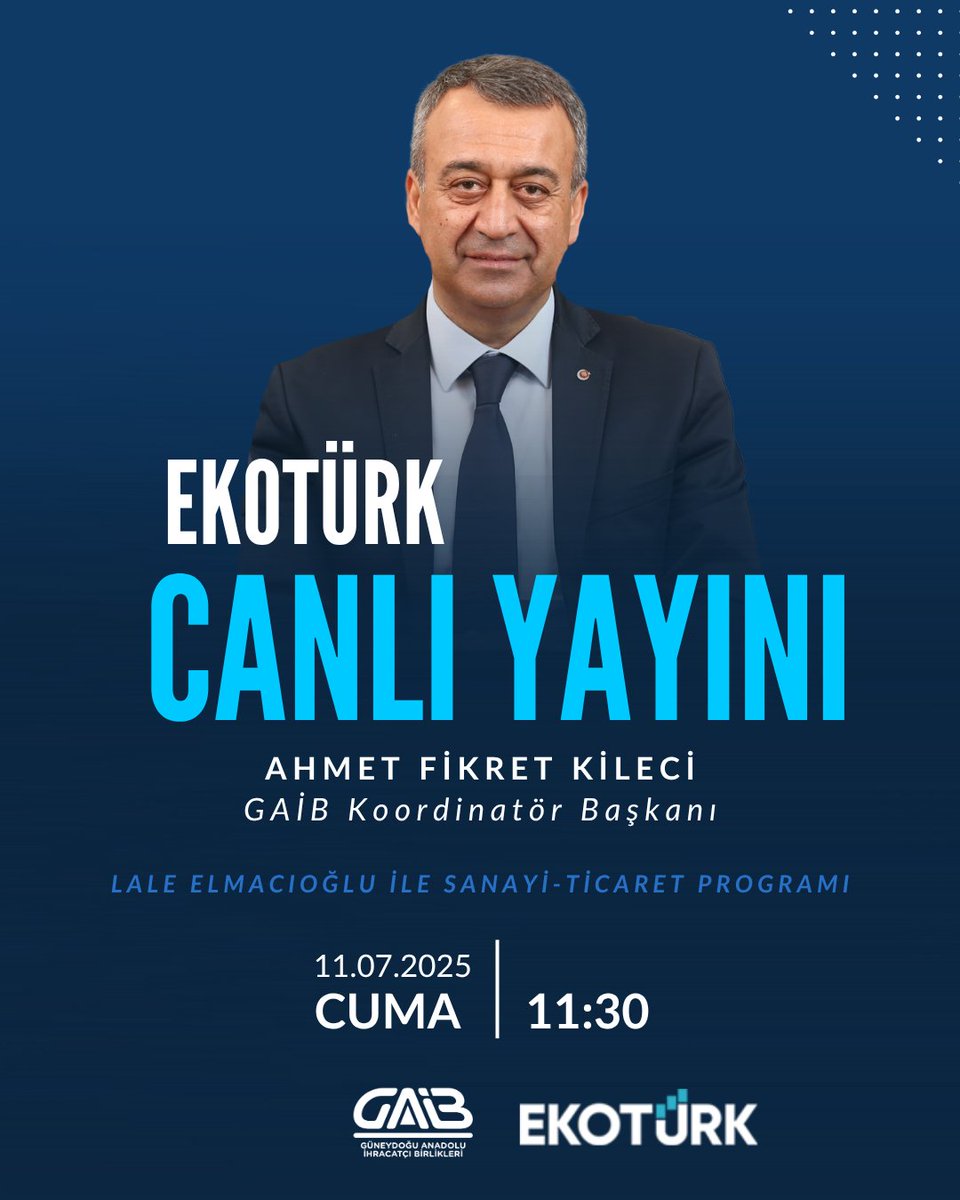 TİM Başkan Vekili ve Koordinatör Başkanımız Ahmet Fikret Kileci, 11 Temmuz ( Yarın ) 11.30'da EKOTÜRK - Lale Elmacıoğlu ile Sanayi-Ticaret Özel Yayınına konuk olarak değerlendirmelerde bulunacak.