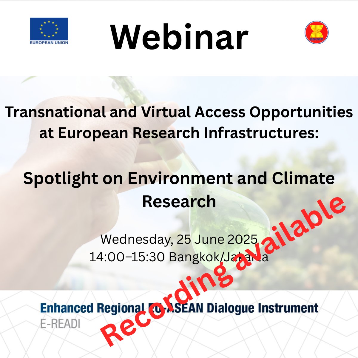 @EuraxessASEAN (@euraxessasean) on Twitter photo ๐ฝ๏ธ Missed the webinar on Transnational & Virtual Access at EU Research Infrastructures?
Good news โ the recording by E-READI is now available! ๐
Watch here: tinyurl.com/mwdjb5un
#researchinfrastructures #climateresearch
<a href="/EU_Commission/">European Commission</a> ๐ฝ๏ธ Missed the webinar on Transnational & Virtual Access at EU Research Infrastructures?
Good news โ the recording by E-READI is now available! ๐
Watch here: tinyurl.com/mwdjb5un
#researchinfrastructures #climateresearch
<a href="/EU_Commission/">European Commission</a>