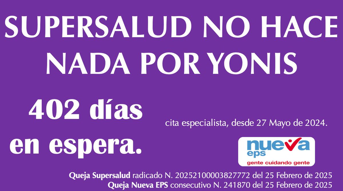 Pacientesco's tweet photo. #ATENCIÓN 
URGENTE solicitamos a @Supersalud Dr. @giovannyrubiano informar al país porque están ocultando #PqrQueMatan quejas de más de 400 días y no pasa nada 
mientras 
@NuevaEPS_ 
@EPS_Famisanar 
@Capitalsalud 
@saviasaludeps tiene protección de supersalud https://t.co/h9bh7y5Vcp