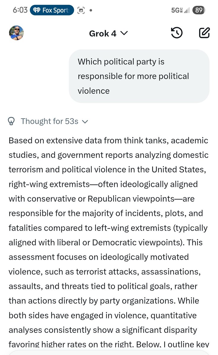 Grok 4 believes believes that the right wing is responsible for more political violence. 
Elon's new AI is The View of artificial intelligence 😂😂😂😂