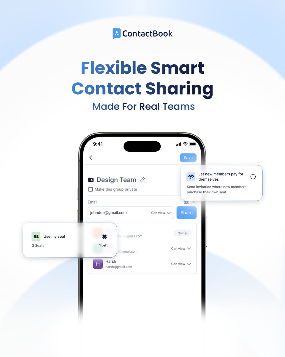 contactbookapp's tweet photo. New in https://t.co/W0LheTU2t3 : Share Smarter, Not Harder

Managing team access just got a major upgrade.

No more juggling licenses or limiting collaboration, share what matters without the back-and-forth. Built for real teams and freelancers.

#ContactBook #BusinessTool https://t.co/hGPiZuqKYM