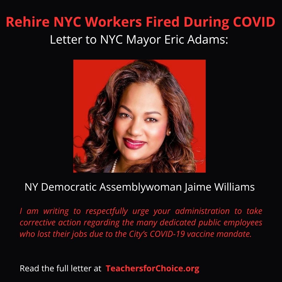 Brooklyn Democrat Jaime Williams Sends Letter to Mayor Adams Asking him to Reinstate Fired Unvaxxed NYC Workers

Below is the second letter sent this week to <a href="/NYCMayor/">Mayor Eric Adams</a> Eric Adams officially asking him to reinstate and compensate fired unvaccinated workers. This request from
