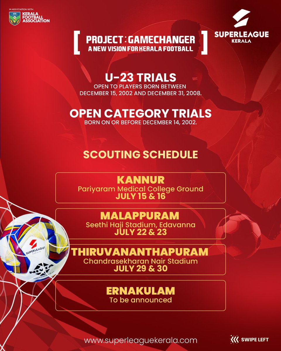 slk_kerala's tweet image. 🚨 Calling all Kerala footballers! 🚨
The Super League Kerala is looking for the next generation of talents. Don't miss this incredible opportunity to showcase your skills and get a chance to be part of the league. Register for the trials now – scan the QR or go to link in bio!…