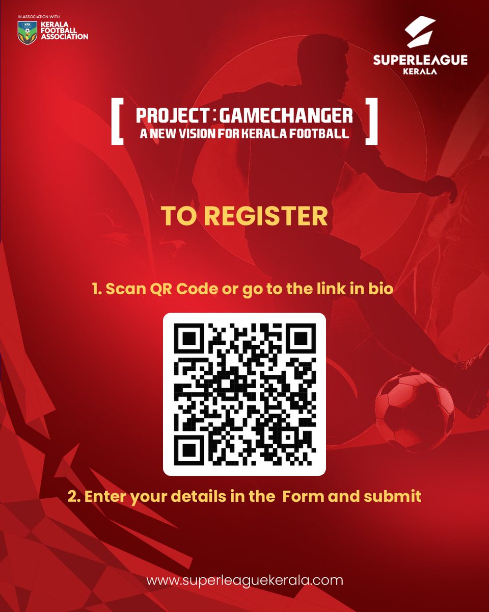 slk_kerala's tweet image. 🚨 Calling all Kerala footballers! 🚨
The Super League Kerala is looking for the next generation of talents. Don't miss this incredible opportunity to showcase your skills and get a chance to be part of the league. Register for the trials now – scan the QR or go to link in bio!…