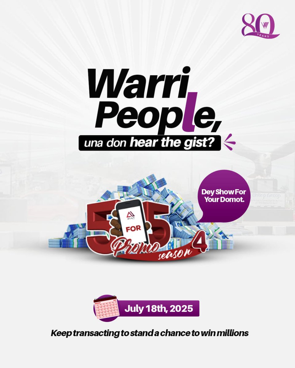 Warri, it’s your turn to cash out!

Una don hear the gist? 5 for 5 Promo Season 4 dey show for una domot!

Mark your calendar — July 18th, 2025, and keep transacting to win BIG!

#Wemabank #5For5Promo #WarriPeople #ALATByWema #WinBig