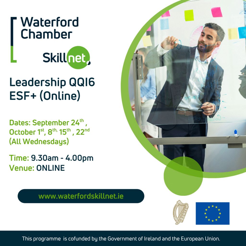 QQI6 Leadership ESF+ (Online) 📌 
 
💻 Register: lnkd.in/epx2Yen4
This Waterford Chamber Skillnet Programme is co-funded by the Government of Ireland and the European Union eufunds.ie

#EUinmyregion