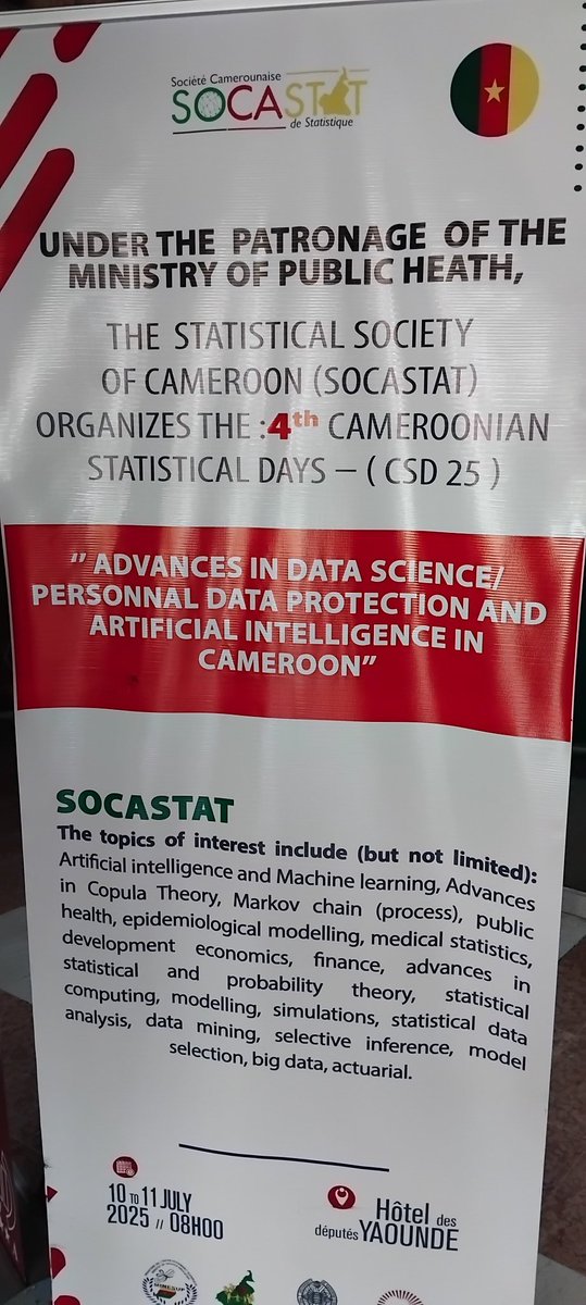 melatagia's tweet image. 4em Journées Camerounaise de la Statistique (JCS 25). Les 10-11 Juillet 2025 : Advances in Data Science/Personnal Data Protection and AI in Cameroon.socastat.org  #SOCASTAT #IA #Cameroun