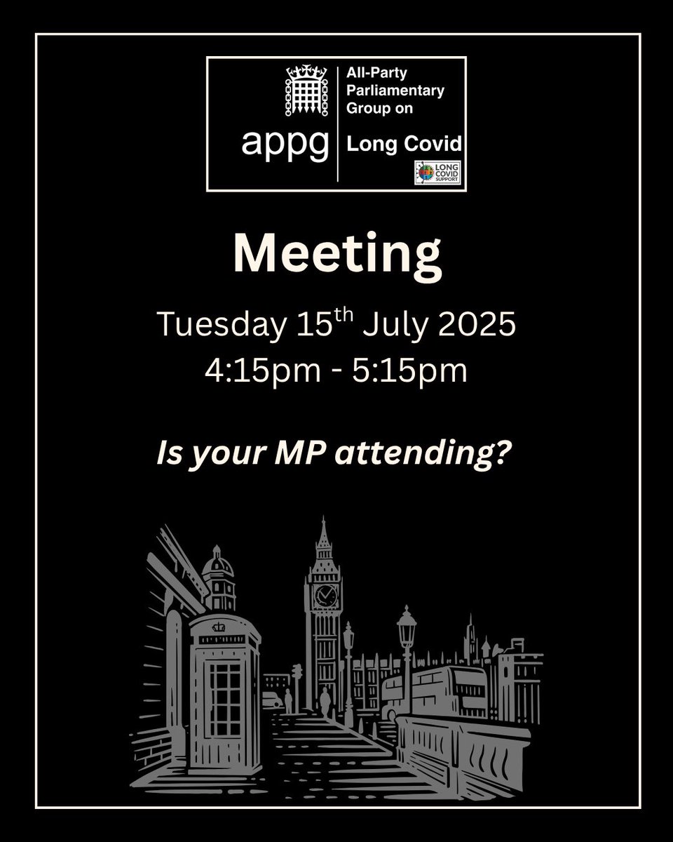 1/2. The next APPG on #LongCovid meeting is taking place on 15th July 2025 at 4:15pm.

Contact your MP now and ask them to attend!

More info. on the APPG can be found on their webpage - link below ⬇️