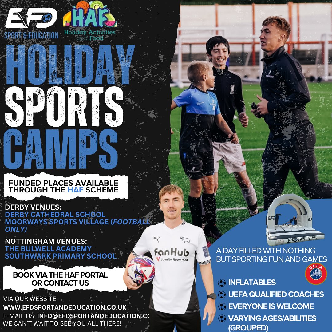 📷 Funded Sports Camps 📷
We’re proud to partner with both Derby and Nottingham City Councils to deliver funded sports camps as part of their HAF initiative.📷 Funded Sports Camps 📷
efdsportandeducation.co.uk.
Our coaches can’t wait to see you all there 📷