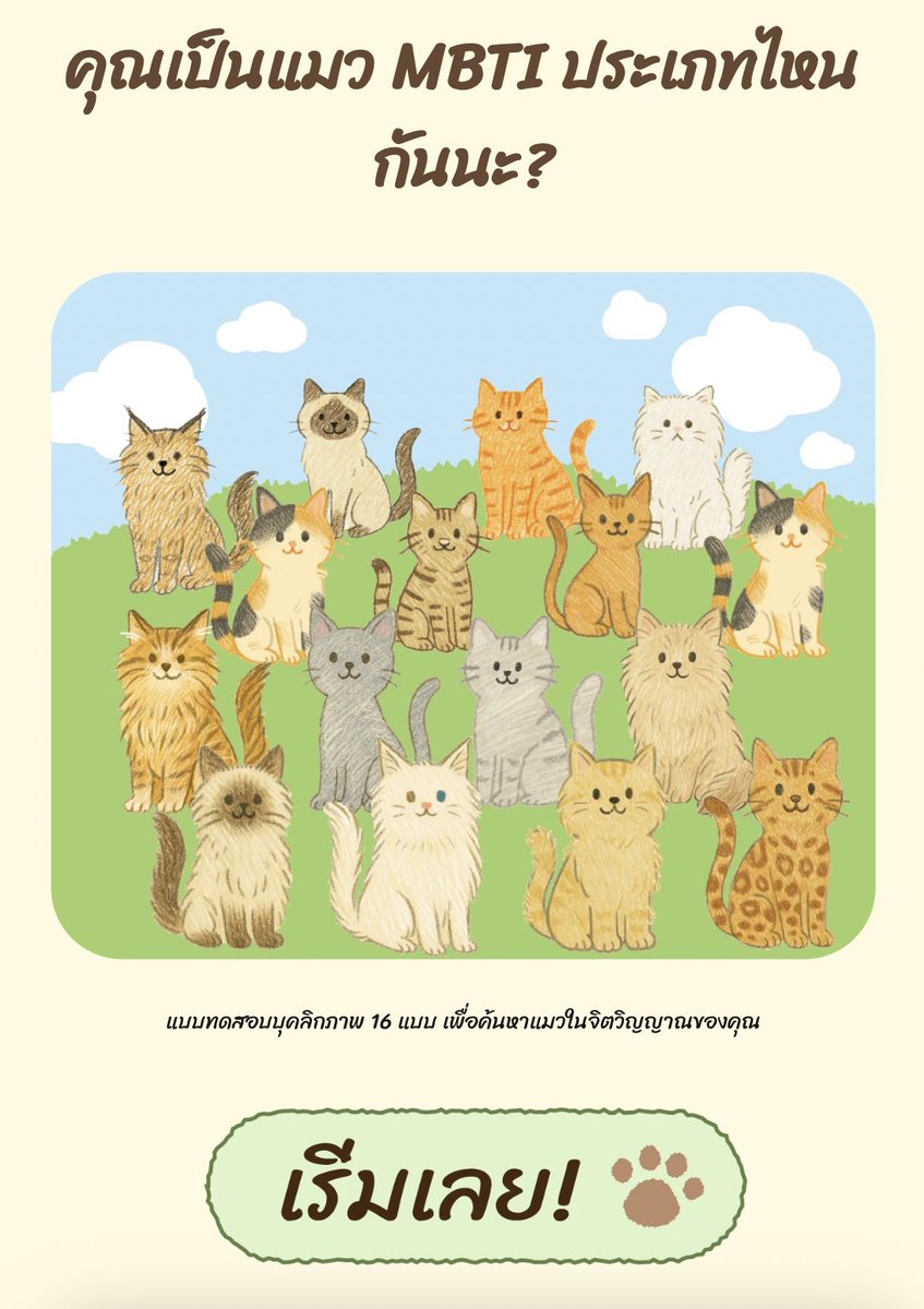ooopenlabth's tweet photo. แบบทดสอบหมาสุดฮิต ตอนนี้มีเวอร์ชั่นแมวแล้วนะ!
 มาดูกันว่าเธอคือแมวน่ารักสายไหนกัน~ เมี้ยว 🐾✨
https://t.co/LrngJN7RO2

#แบบทดสอบแมว #ทาสแมวต้องเล่น #แมวในตัวคุณ #เกมทายนิสัย #CatPersonalityTest #ooopenlab #quiz #cat #mbti https://t.co/E0lfclrjHp
