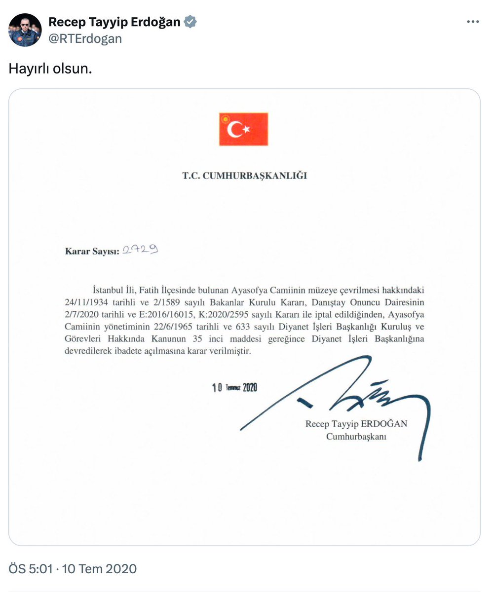 “Bir akıl gelecek ki; akıllar delirecek!
Ve bir devrim evvela devrimi devirecek!”

#AyasofyaCamii’nin ikinci fethinin 5. yılı kutlu olsun! Vesile olan Cumhurbaşkanımız Sayın <a href="/RTErdogan/">Recep Tayyip Erdoğan</a>’dan Allah razı olsun…