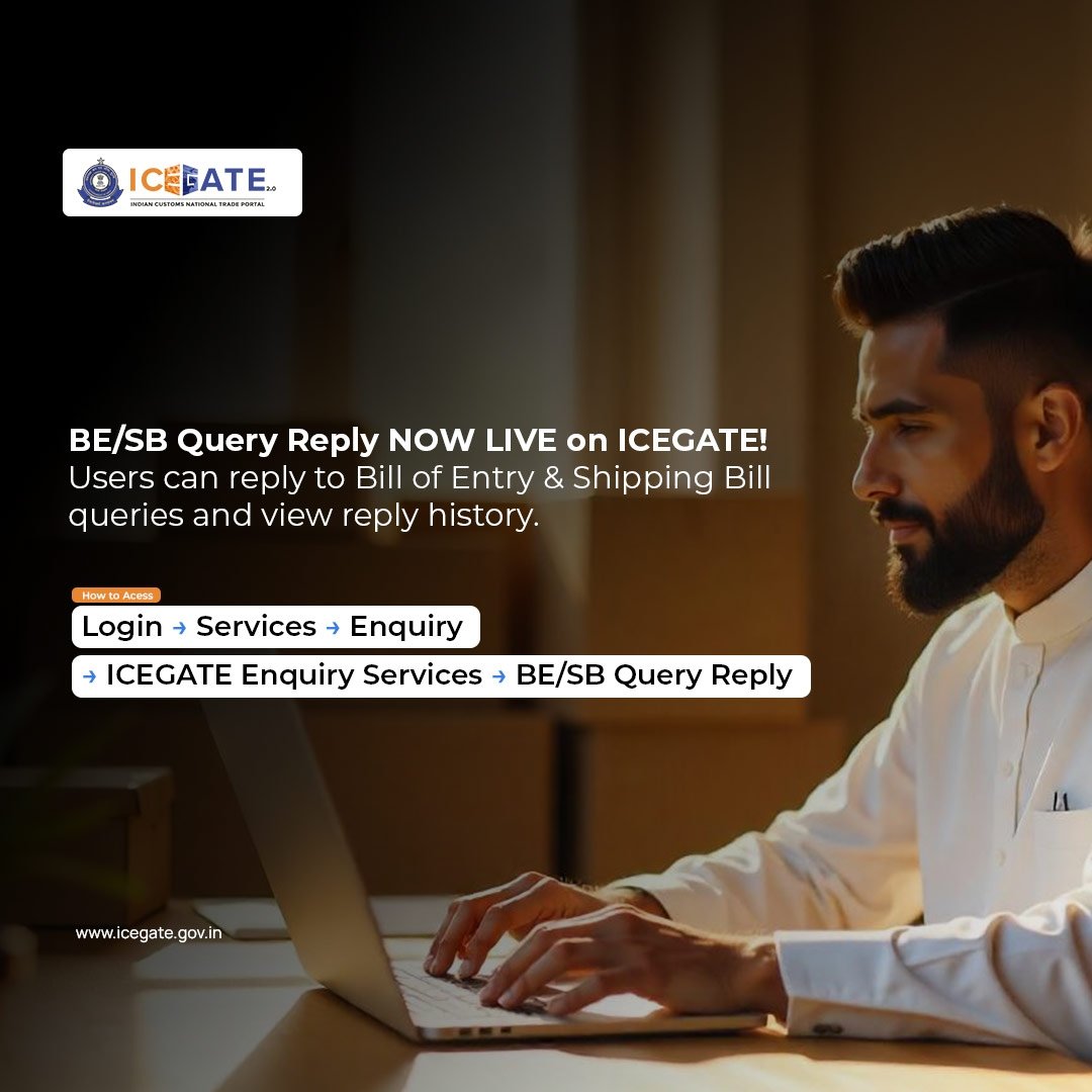ICEGATE_CBIC's tweet photo. 🟢 BE/SB Query Reply now live on ICEGATE!

Users can reply to Bill of Entry &amp; Shipping Bill queries and view reply history.

🔗 Login > Services > Enquiry > ICEGATE Enquiry Services > BE/SB Query Reply

#ICEGATE #DigitalCustoms #TradeFacilitation https://t.co/InDSQEIIeB