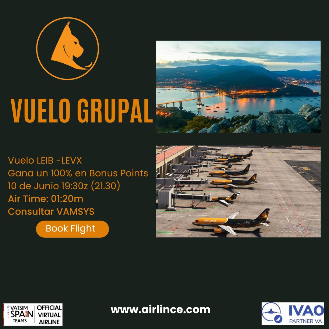 Esta noche realizaremos un vuelo grupal informal, para los linces que estén activos. Disfruta volando con tus compañeros. #msfs #msfs2024 #xplane #pilotovirtual #ivaoes #ivao #ibizalife #vigo #aerolineavirtual