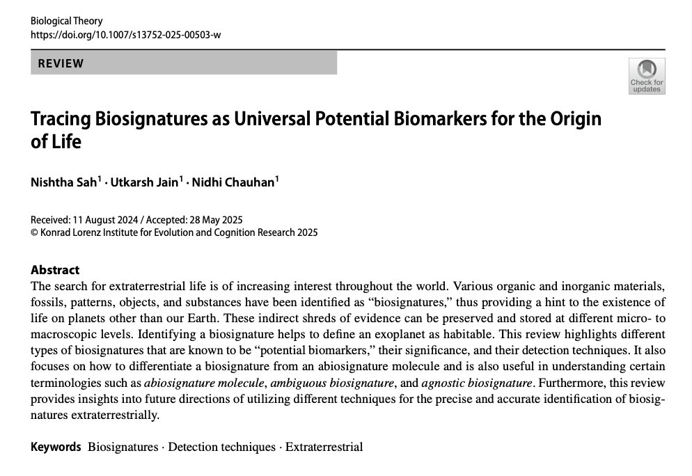 BiolTheory's tweet image. ➡️New article out⬅️
"Tracing Biosignatures as Universal Potential Biomarkers for the Origin of Life"
by Nishtha Sah, Utkarsh Jain & Nidhi Chauhan
Free reading link: rdcu.be/evD2k