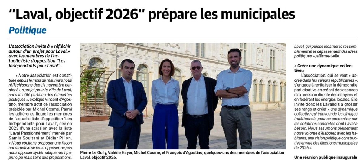 VDA53000's tweet image. Laval, Objectif 2026 prépare les municipales ! Une association est née.
Extrait de l'article paru aujourd'hui dans @CDLM53
#Municipales2026 #Laval #politique