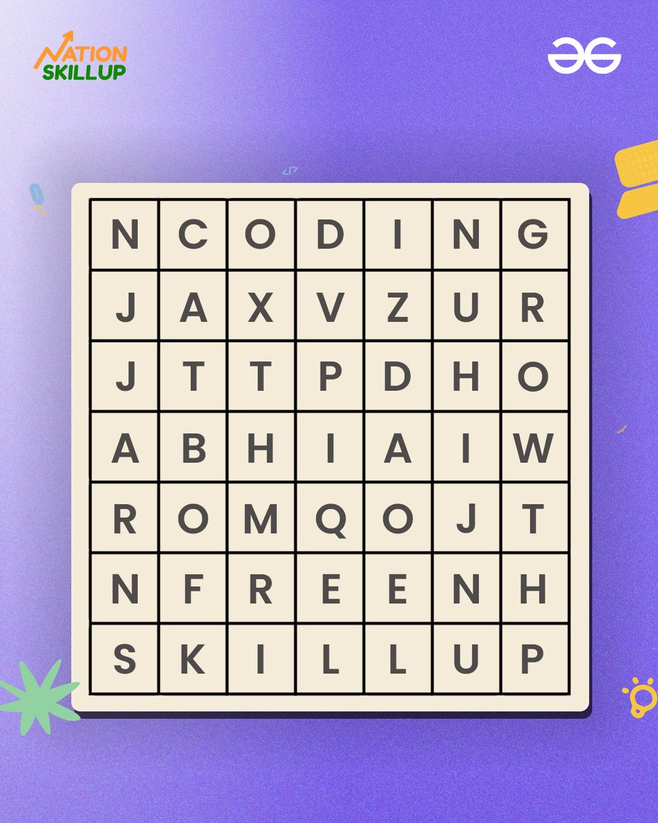What words can you find?

#skillupwithgfg #codinglife #learntocode #nationskillup #gfg #Geeksforgeeks