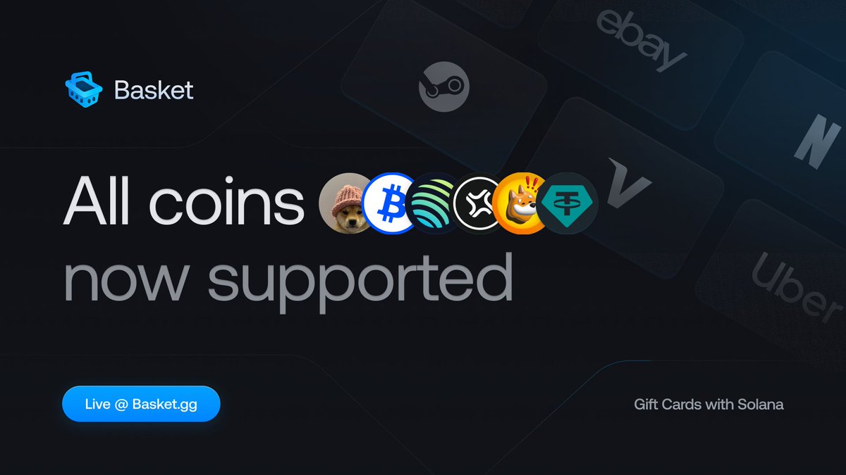 Pay with anything in your wallet — memecoins, stables, whatever.

We auto-swap to USDC at checkout via Jupiter.
No extra steps. No KYC. No limits.

3,500+ brands. 0% fees.
Live now @ basket.gg