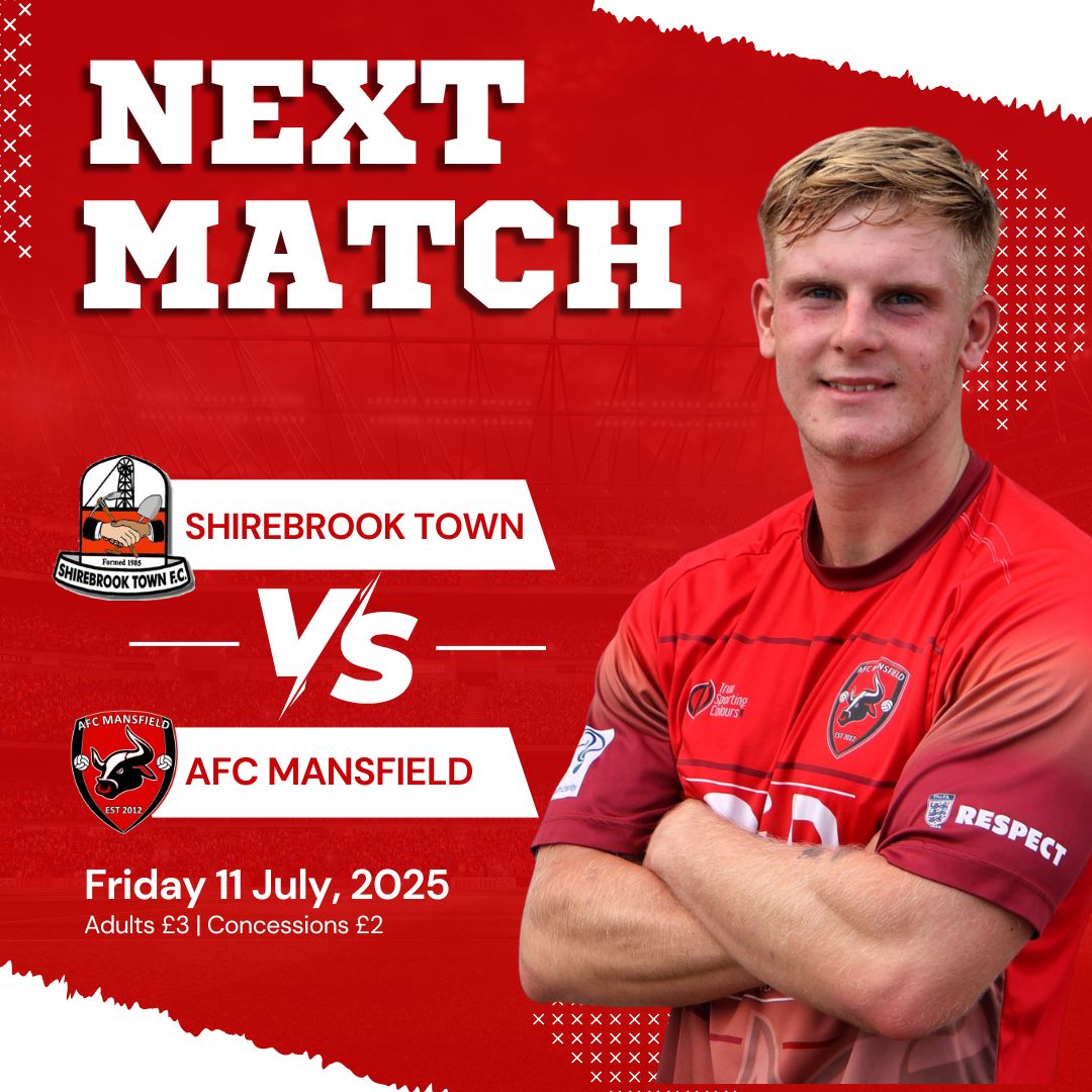 PRE-SEASON Number 3️⃣ | Friday 11th July | Shirebrook Town 

We’re back in action this time under the lights  as the Bulls travel to local side to face Shirebrook Town.

📍 Langwith Road, (NG20 8TF)
🕑 Kick-off: 7:45
🎫 Adult £3 | Concessions £2