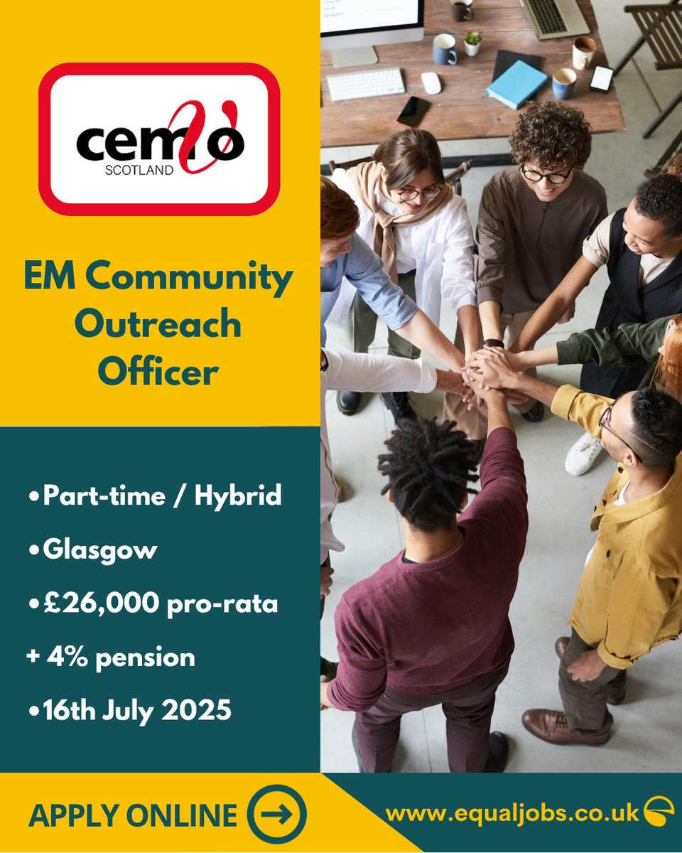 EqualJobsUK's tweet image. Remember to apply for the EM Community Outreach Officer at @cemvoscot.
Follow the link to apply:
equaljobs.co.uk/jobs/glasgow/e…
#Renewableenergy #ClimateAction #Environment #CommunityEngagement #Sustainability #Climatejobs #Scottishjobs #Glasgowjobs #Jobs2025 #EthnicMinority #Glasgow