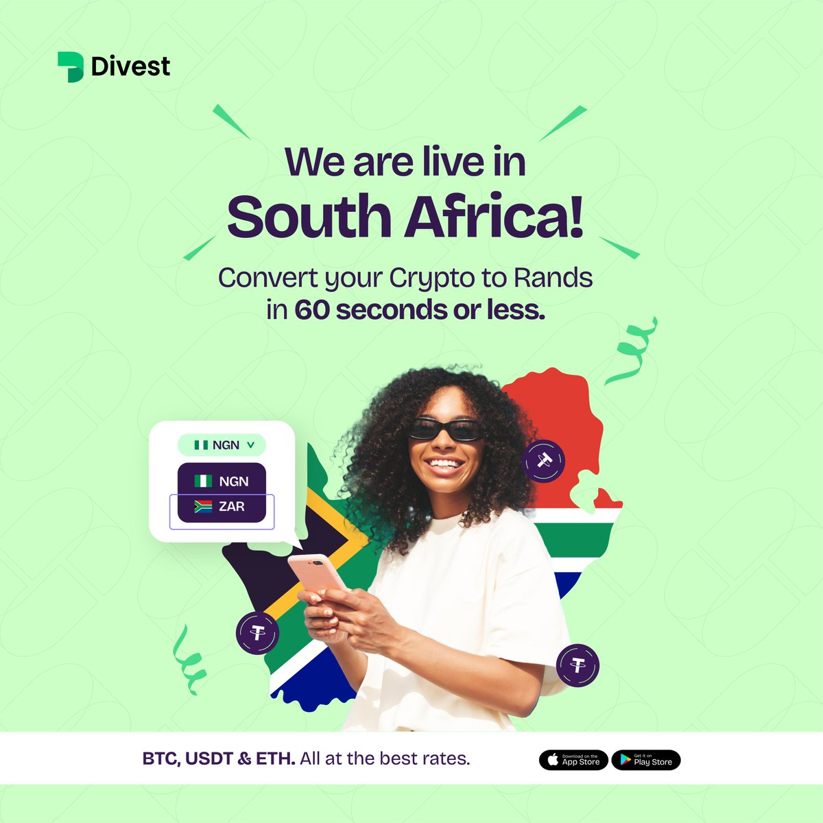 Convert your crypto to ZAR in 60 seconds or less!🇿🇦

No dispute, no middleman just instant payouts!
Download Divest today to get started!🚀