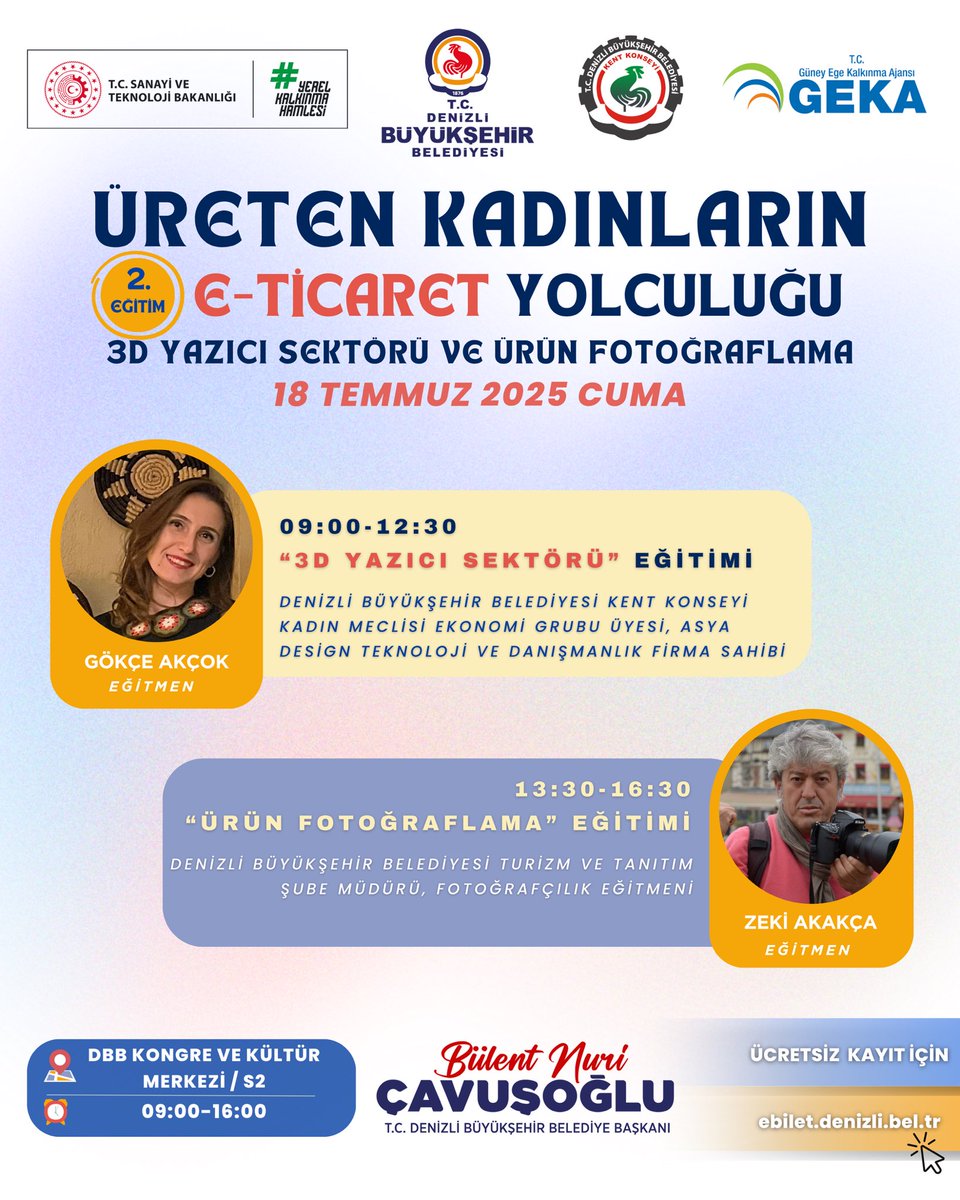 “ÜRETEN KADINLARIN E-TİCARET YOLCULUĞU” projesinin 2. Eğitimi 18 Temmuz 2025 tarihinde Denizli Büyükşehir Belediyesi Kongre ve Kültür Merkezi S2 salonunda 09.00-16.00 saatleri aralığında “3 BOYUTLU YAZICI SEKTÖRÜ ve ÜRÜN FOTOĞRAFLAMA” konu başlıklarında gerçekleşecektir.