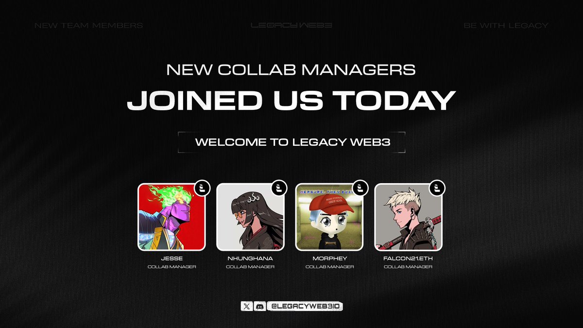 Legacy Web3 (@legacyweb3io) on Twitter photo Expanding the Legacy Team! ⚔️
We’re thrilled to welcome 4 talented individuals to <a href="/LegacyWeb3io/">Legacy Web3</a> as our new Collab Managers — officially joining the mission to represent LegacyWeb3 across the space.
They’ll be helping us connect and collaborate with top-tier projects to bring Expanding the Legacy Team! ⚔️
We’re thrilled to welcome 4 talented individuals to <a href="/LegacyWeb3io/">Legacy Web3</a> as our new Collab Managers — officially joining the mission to represent LegacyWeb3 across the space.
They’ll be helping us connect and collaborate with top-tier projects to bring