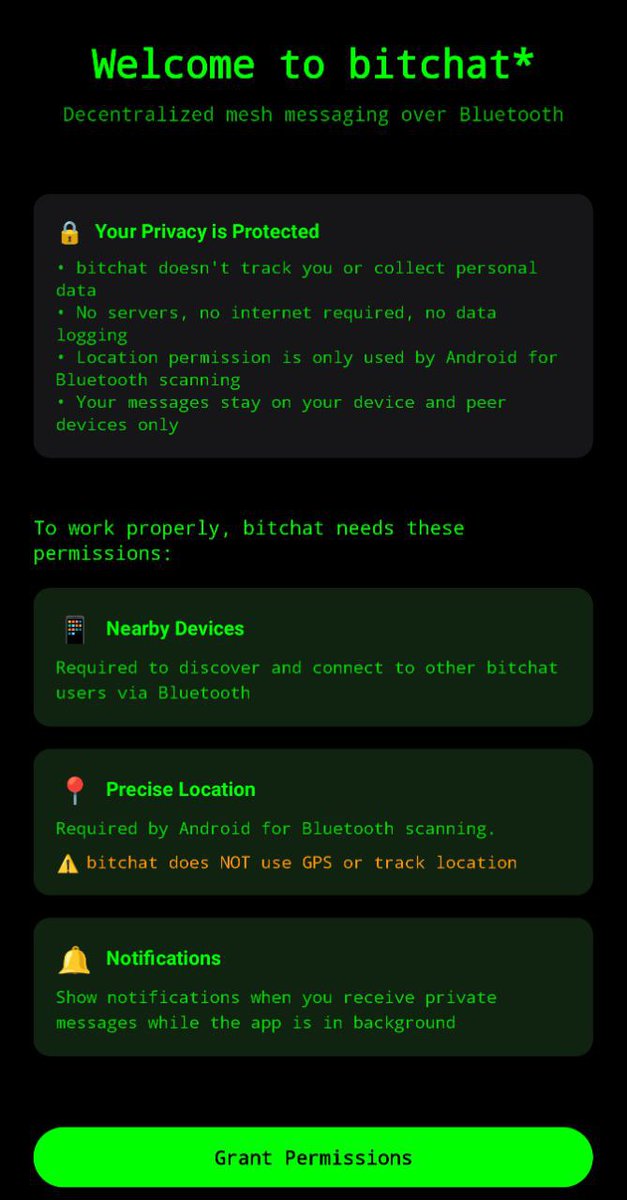 release bitchat-android 0.5

- onboarding explaining why the hell the app needs GPS permissions
- checks if all required permissions were granted before startup

link below
