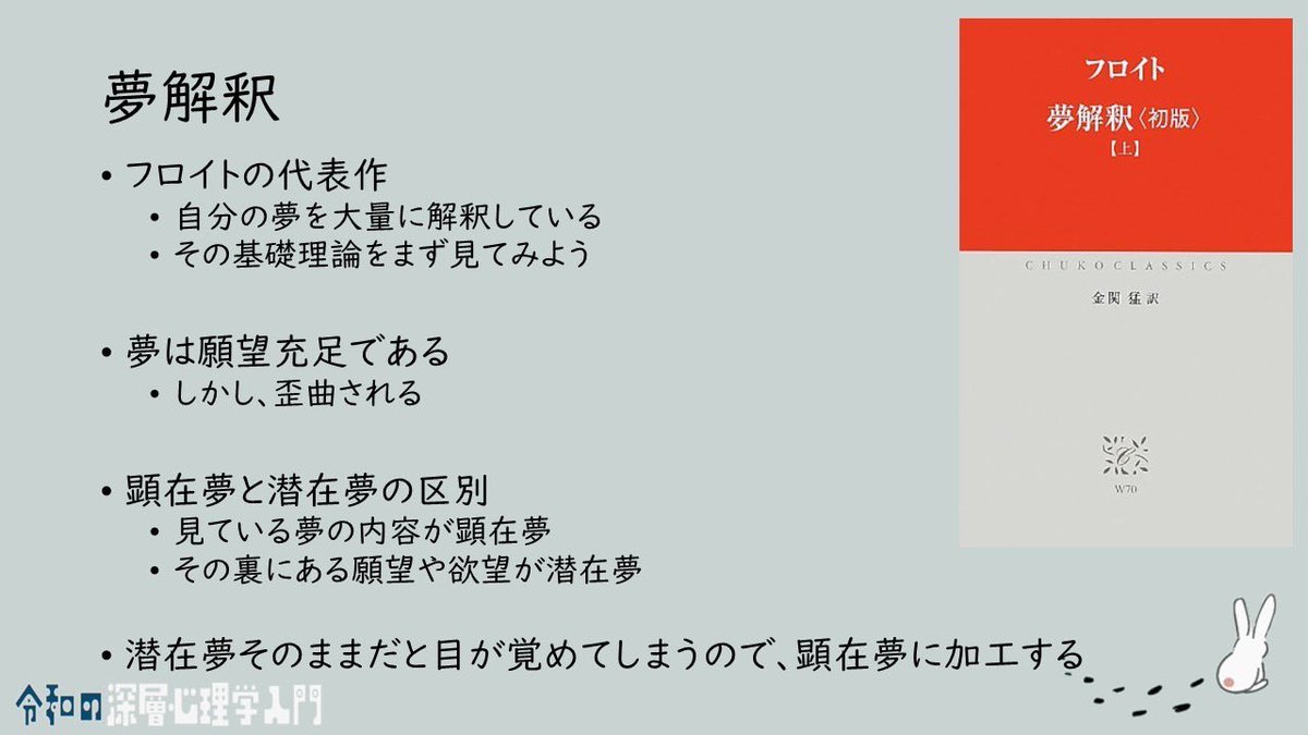 7/18令和の深層心理学入門第2回は「フロイトの深層心理学ー夢は無意識の王道ー」、夢を題材にした精神分析入門となっています。

リアルタイム参加、アーカイブ視聴がセットのチケットの購入は11日(金)までとなっております。ご希望の際は下記URLよりお求めください。
sinsousinrigakunyumon.peatix.com