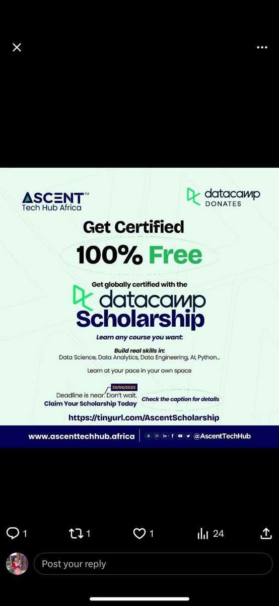 misteranyi's tweet image. Working on data analysis &amp;amp; data science skills with scholarship from
@AscentTechHub
and
@DataCamp
Thank you for this game-changing opportunity.   If you’re into tech too, jump on it!   #DataCampDonate #AscentTechHub