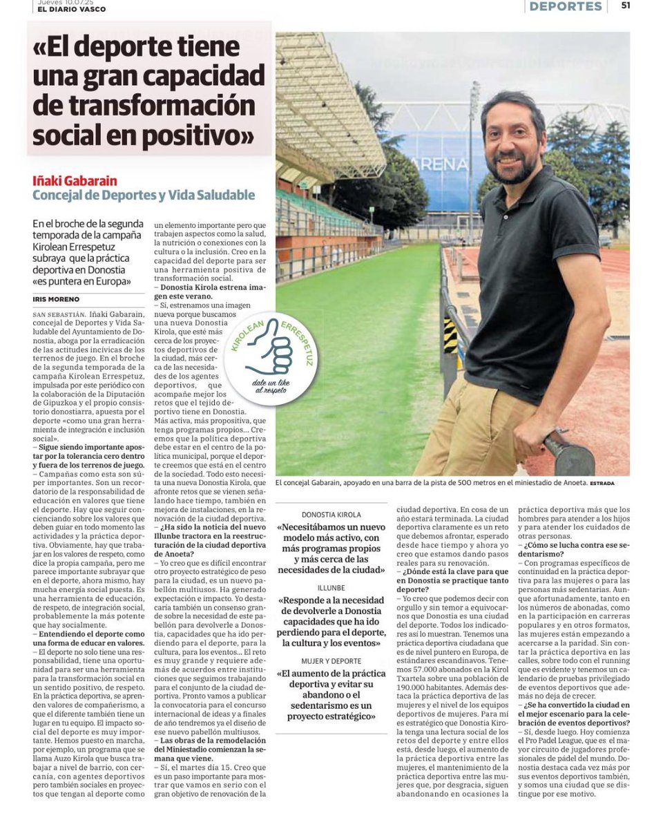 Iñaki Gabarain destaca en El Diario Vasco el papel del deporte como motor de integración, educación y respeto. Donostia Kirola inicia una nueva etapa más cercana, activa y ambiciosa. Con los socialistas, la ciudad avanza.

#Donostia #DonostiaKirola