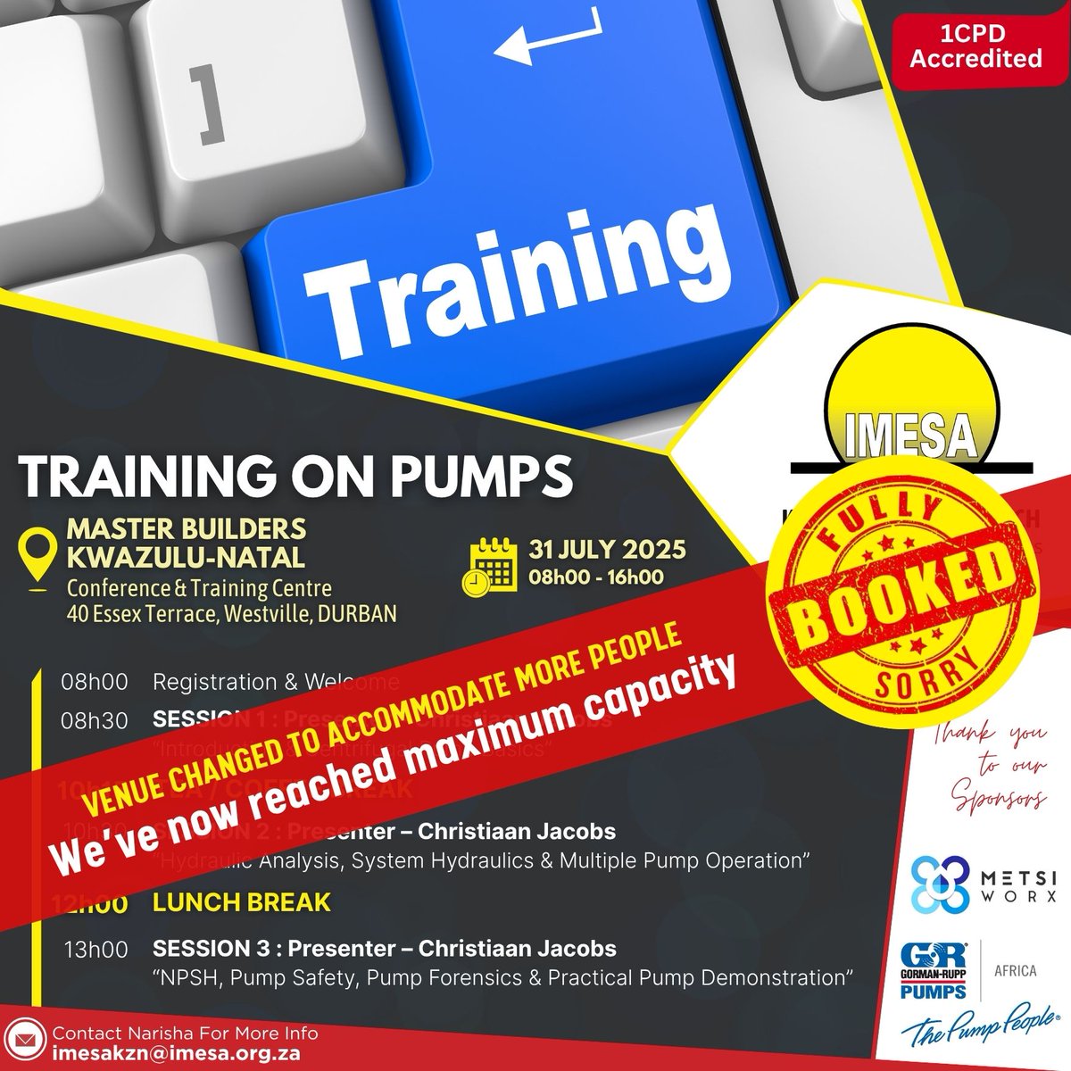 imesa_za's tweet image. Fully Booked! IMESA KZN&apos;s Training on Pumps has reached max capacity!

NEW VENUE: 
Master Builders KZN, 40 Essex Terrace, Westville
31 July | 08h00–16h00

Thanks to our sponsors:
@MetsiWorx, @Gorman-Rupp
#IMESAnews #CPDTraining #EngineeringEvents