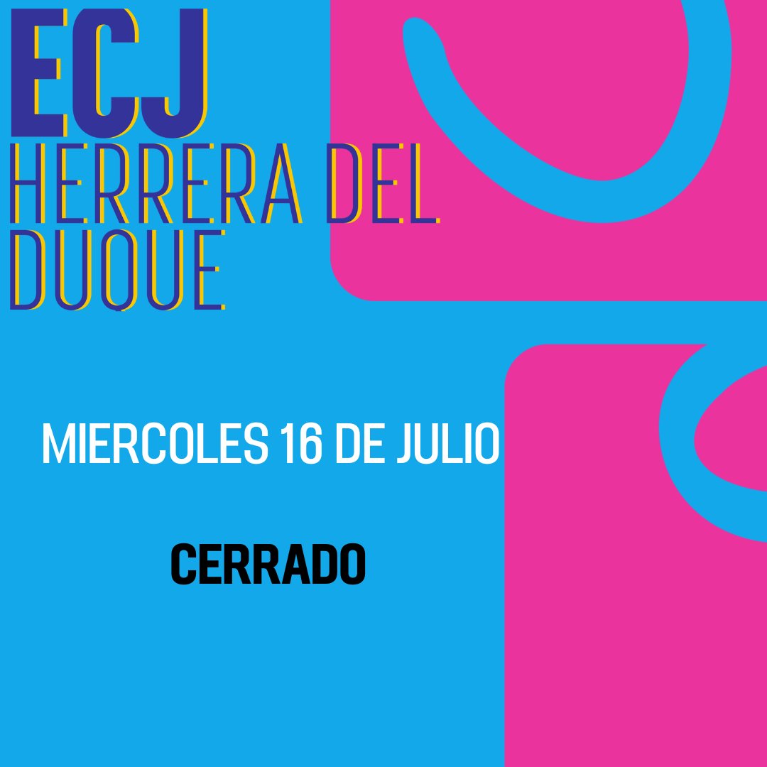 Os informamos que el <a href="/ecjherrera/">ECJHerrera del Duque</a> permanecerá cerrado el próximo miércoles 16 de Julio 🧐🧐

Lamentamos las molestias, pero se avecinan nuevas sorpresas, juegos y mucho más

¿Qué será?, ¿Qué será? 🤔🤔

<a href="/IJExtremadura/">IJEXtremadura</a> 
<a href="/cultura_EXT/">Cultura, Turismo, Jóvenes y Deportes</a> 
<a href="/Junta_Ex/">Junta de Extremadura</a>