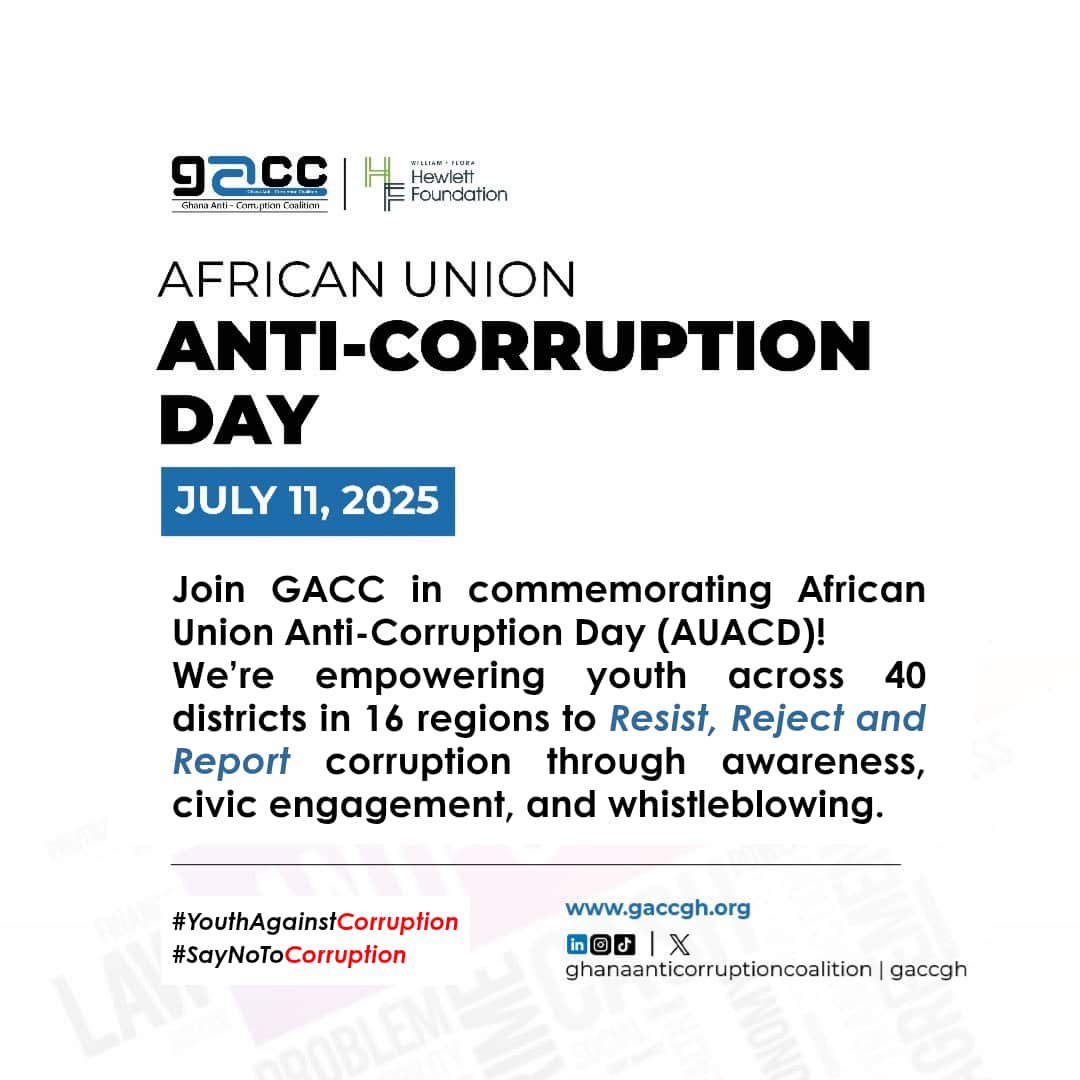 #GetInvolvedGH (@gacc_ghana) on Twitter photo This year, <a href="/GACC_GHANA/">#GetInvolvedGH</a> is commemorating AUACD by engaging youth across 40 districts in 16 regions of Ghana to raise awareness about corruption, promote civic action, and encourage whistleblowing.
Read more: bit.ly/4lpHhLO
<a href="/AUABC_/">African Union Advisory Board Against Corruption</a> <a href="/_AfricanUnion/">African Union</a> <a href="/HonEdemSenanu/">Hon. Edem Senanu</a> This year, <a href="/GACC_GHANA/">#GetInvolvedGH</a> is commemorating AUACD by engaging youth across 40 districts in 16 regions of Ghana to raise awareness about corruption, promote civic action, and encourage whistleblowing.
Read more: bit.ly/4lpHhLO
<a href="/AUABC_/">African Union Advisory Board Against Corruption</a> <a href="/_AfricanUnion/">African Union</a> <a href="/HonEdemSenanu/">Hon. Edem Senanu</a>