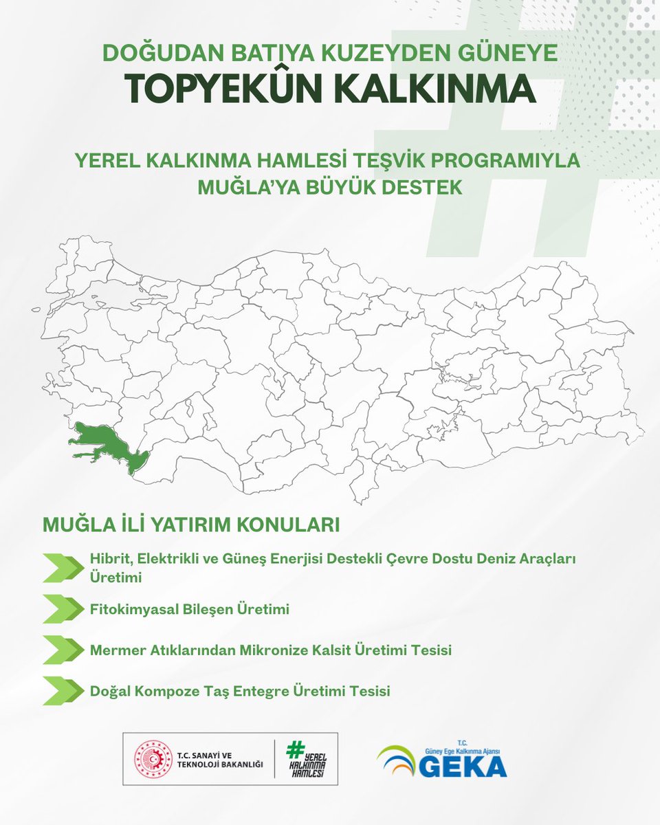 GuneyEgeKA's tweet photo. 🌊Denizlerin incisi Muğla, çevreci üretimle öne çıkıyor!

 #YerelKalkınmaHamlesi ile
✅ Hibrit, Elektrikli ve Güneş Enerjisi Destekli Çevre Dostu Deniz Araçları  
✅ Fitokimyasal Bileşen Üretimi 
✅ Mermer Atıklarından Mikronize Kalsit Üretimi
✅ Doğal Kompoze Taş Entegre Üretimi https://t.co/TuhFXJbR6y