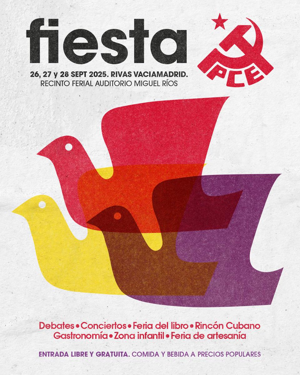 ¡Nos vemos en la #FiestaPCE25 🟥🎉✊!

Primer avance del programa de debates, libros, cine y poesía en fiesta.pce.es

No olvides que la vida son dos días y la Fiesta PCE, ¡tres!
