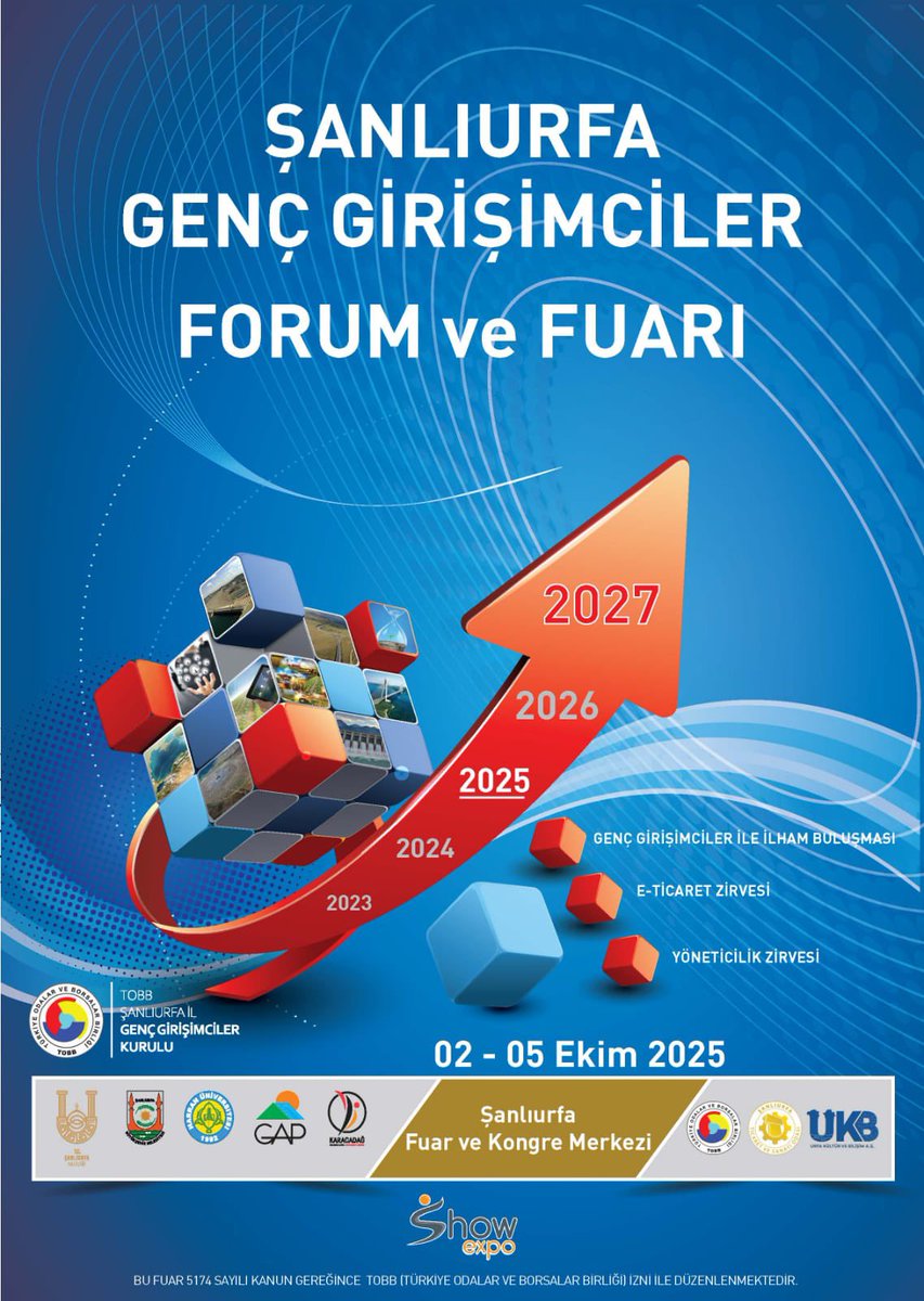 📢 ŞANLIURFA GENÇ GİRİŞİMCİLER FORUM VE FUARI – DAVET!

Şanlıurfa Genç Girişimciler İcra Kurulumuzun öncülüğünde, Şanlıurfa Büyükşehir Belediyesi ve Şanlıurfa Ticaret ve Sanayi Odamızın desteğiyle,

📅 02 - 05 Ekim 2025 (Perşembe - Pazar) tarihlerinde

📍 Şanlıurfa Karaköprü Fuar