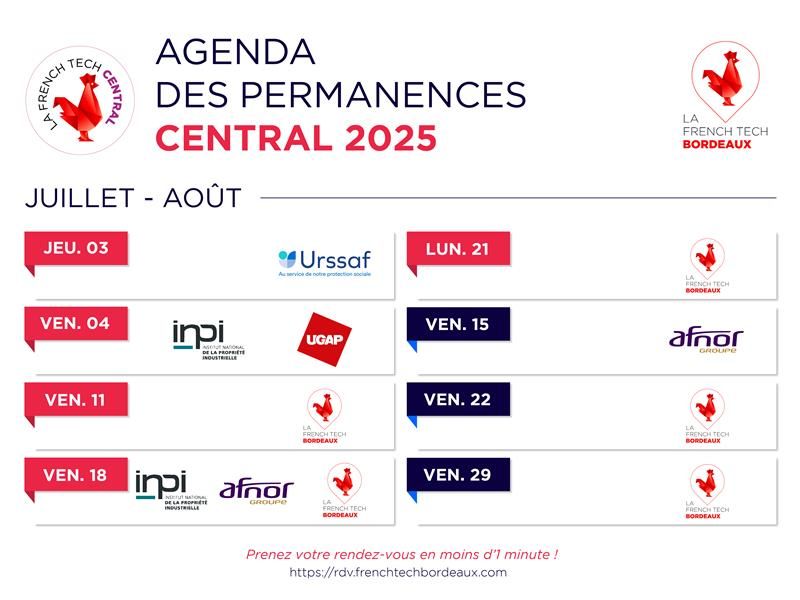 🐓 #FrenchTechCentral | Ne manquez pas vos permanences de cet été ☝️

En moins d'1 minute vous aurez votre RDV avec La #FrenchTech #Bordeaux, <a href="/INPIFrance/">INPI France</a> et <a href="/AFNOR/">AFNOR</a> 🙏

Retrouvez nos partenaires publics comme privés en quelques clics 👉 rdv.frenchtechbordeaux.com