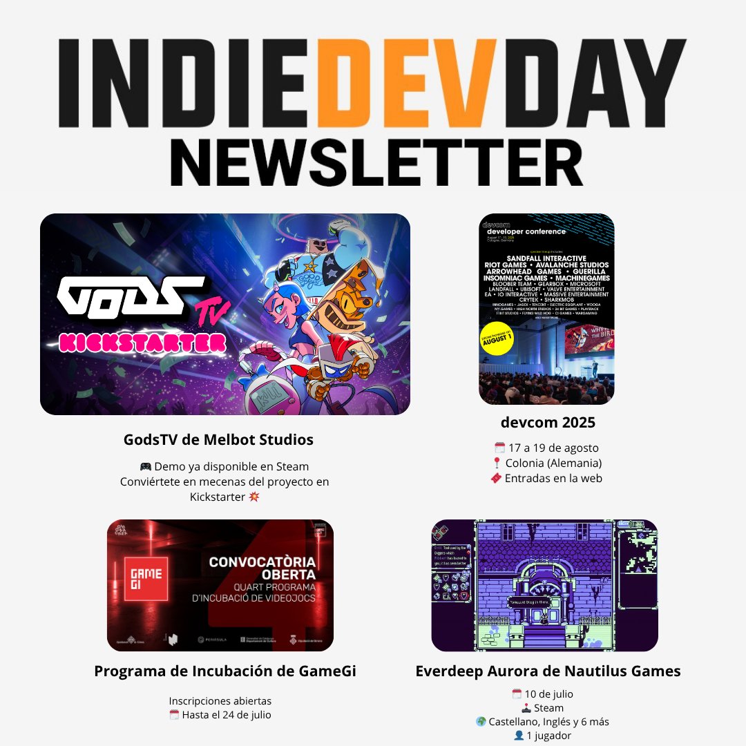 IndieDevDay (@indiedevday) on Twitter photo 📰 Newsletter 69 📰
1️⃣ Kickstarter de GodsTV <a href="/MelbotStudio/">GodsTV ➡️ Wishlist on Steam 🧨</a> 🔥
2️⃣ Incubadora <a href="/gamegirona/">GameGi</a> 🚀
3️⃣ <a href="/devcom_global/">devcom - developer community</a> 🎟️
4️⃣ Everdeep Aurora de <a href="/Nautilus_Dev/">Nautilus Games | Everdeep Aurora OUT NOW!🐱</a> 🎮 📰 Newsletter 69 📰
1️⃣ Kickstarter de GodsTV <a href="/MelbotStudio/">GodsTV ➡️ Wishlist on Steam 🧨</a> 🔥
2️⃣ Incubadora <a href="/gamegirona/">GameGi</a> 🚀
3️⃣ <a href="/devcom_global/">devcom - developer community</a> 🎟️
4️⃣ Everdeep Aurora de <a href="/Nautilus_Dev/">Nautilus Games | Everdeep Aurora OUT NOW!🐱</a> 🎮