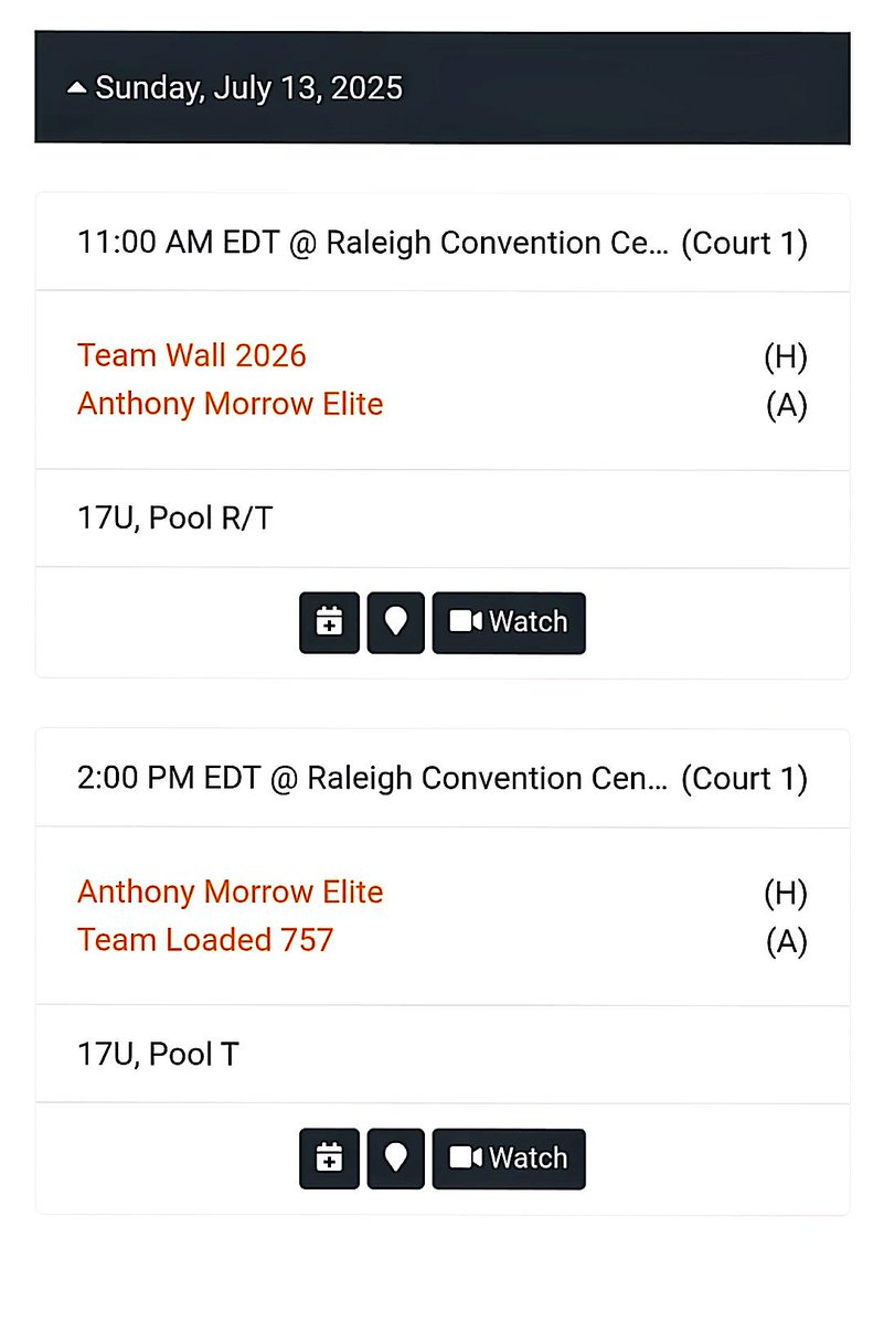 Sunday .... Coaches you can catch us at 11 and 2 on court 1 of the Raleigh Convention Center