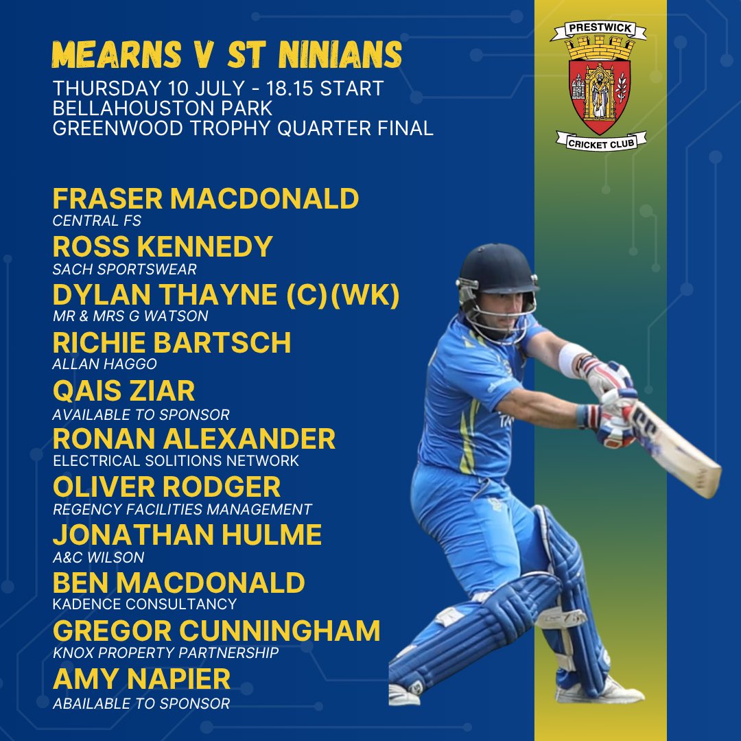 🏏 GAME DAY

St Ninians continue their defence of the Greenwood Trophy with a trip to Mearns tonight in the quarter finals. 

#MTW