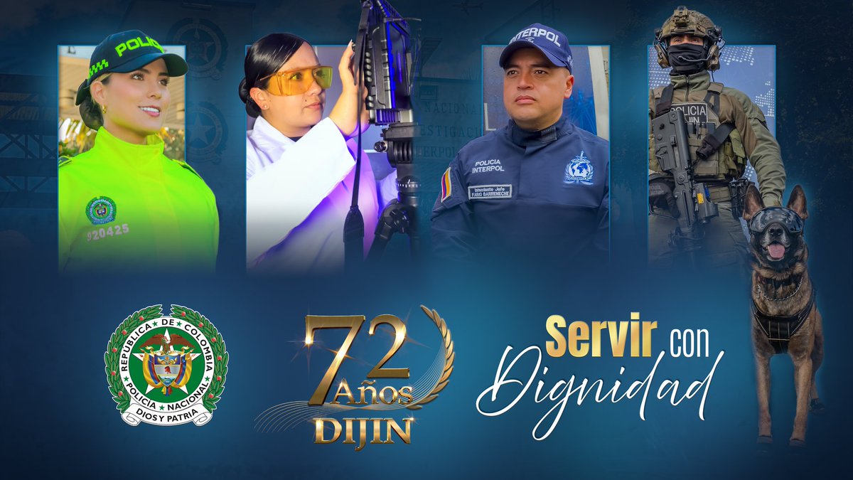 🎉 ¡Celebramos con honor el #72AñosDIJIN!
 
La Dirección de Investigación Criminal e INTERPOL de <a href="/PoliciaColombia/">Policía de Colombia</a> hoy se encuentra de aniversario, trayectoria de incansable labor en la lucha contra el multicrimen.
 
¡Gracias por confiar en nosotros! 🇨🇴🔍