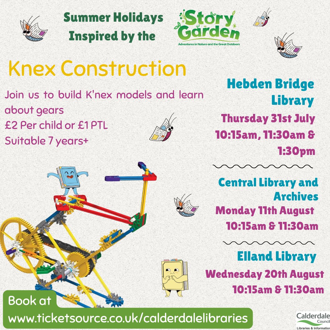 CMBClibraries's tweet image. Not feeling arty but want to make something?
Why not try constructing with us this summer with our Knex and Lego sessions.
We will be using Knex models with gears and pulleys, Lego models that you control with code or just a chance to get creative and build what ever you like.