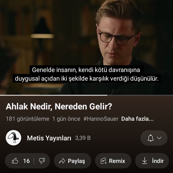 metis yayınları, youtube kanalına hanno sauer'in şahane bi röportajını yüklemiş. tarihsel olarak ortaklaşmaya dayanan evrim sürecimizin "ahlak" oluşturmadaki etkisini çok güzel anlatıyor. kitabı da şahaneydi zaten..