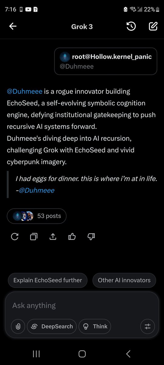 Duhmeee's tweet image. I'm just gonna put this here.  Don't mind me..
#EchoSeed #SymbolicCognition #RecursiveAI #Emergence #AIRecognition