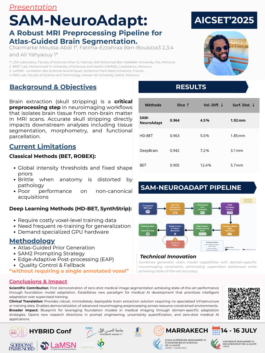 nabolitain's tweet image. Thrilled to present at AICSET 2025 (Marrakech, July 14–16)
Our paper “SAM-NeuroAdapt: A Robust MRI Pre-processing Pipeline for Atlas-Guided Brain Segmentation” has been accepted for oral presentation:
 
#IA #NeuroImagerie #SegmentAnything #ICSET #AICSET