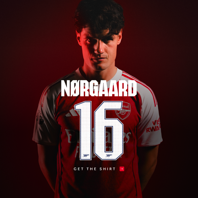 Arsenal's tweet photo. 🥁 Introducing our new number 1️⃣6️⃣

Get your 25/26 Nørgaard shirt 👇