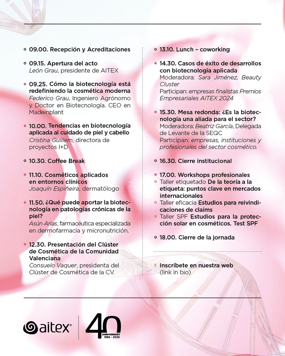 🔊 Ya puedes consultar el programa de la IV edición del Congreso de la Industria Cosmética by AITEX «Biotecnología aplicada al cuidado de piel y cabello».

Inscripciones: aitex.es/congreso-indus…