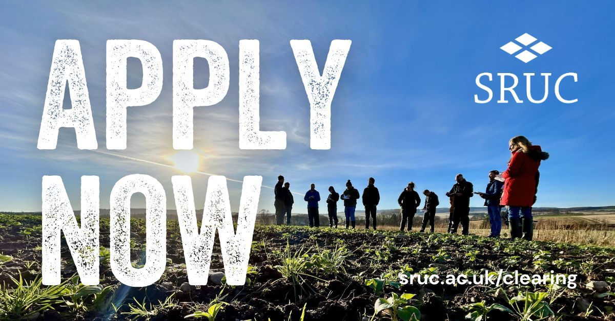 SRUC's tweet image. Still looking for the right course?

Clearing is open, and SRUC has places available for a September start. Whether you’re changing direction or just getting started, we’re here to help.
Find your place at SRUC. Apply now through Clearing 👉 buff.ly/cpoJl4s
