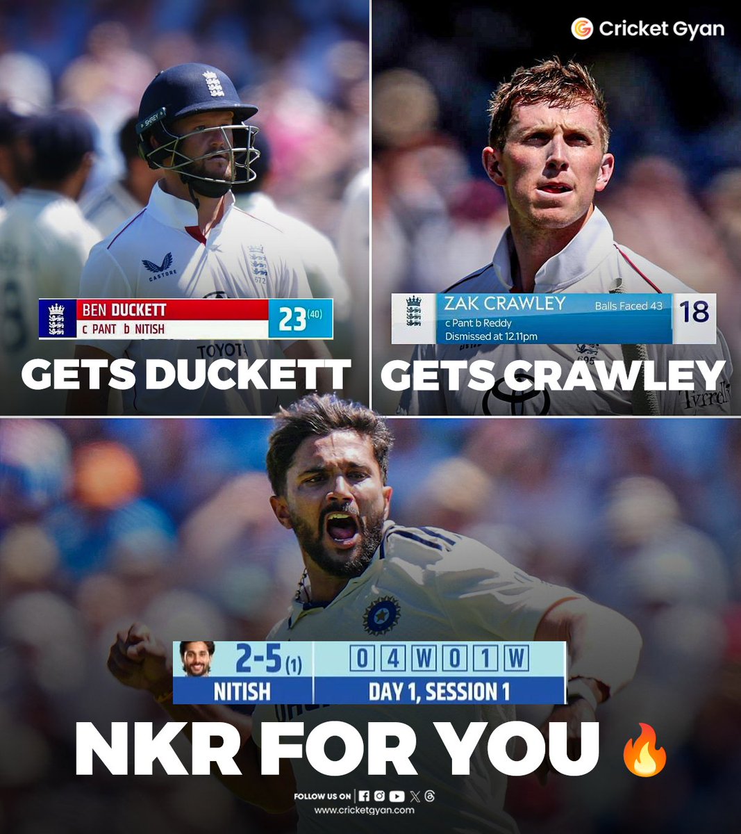 cricketgyann's tweet photo. Nitish Kumar Reddy on fire 🔥- Gets Duckett and Crawley in his 1st Over🔥
Team India on Top 🔝🇮🇳
.
.
📸: Jio Hotstar
.
#ENGvsIND #3rdtestmatch #bendukett #zakcrawley #nitishkumarreddy #wickets #testmatch #TestCricket #bell #cricketupdates #CricketNews #CricketGyan https://t.co/dyPyv8r7P1